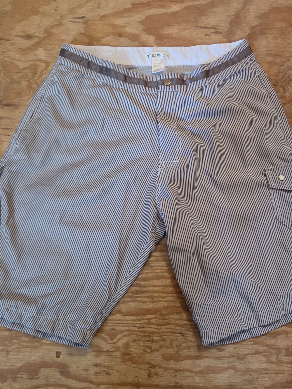 Vintage Y2K Twice Mens Boardshorts Size 31 Brown White Stripe Swim Shorts Mesh